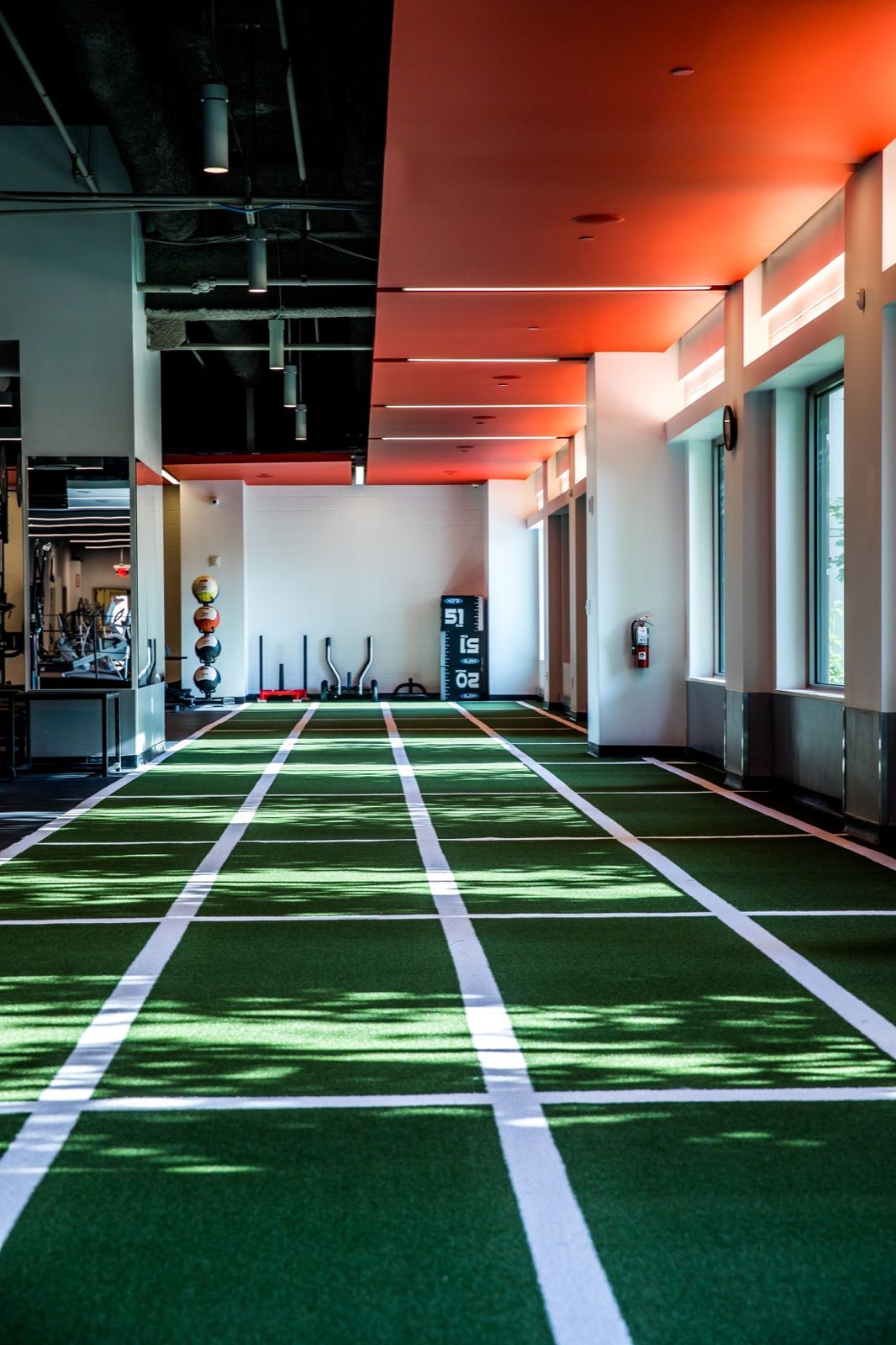 An indoor turf training facility